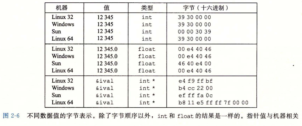 图 2-6 不同数据值的字节表示
